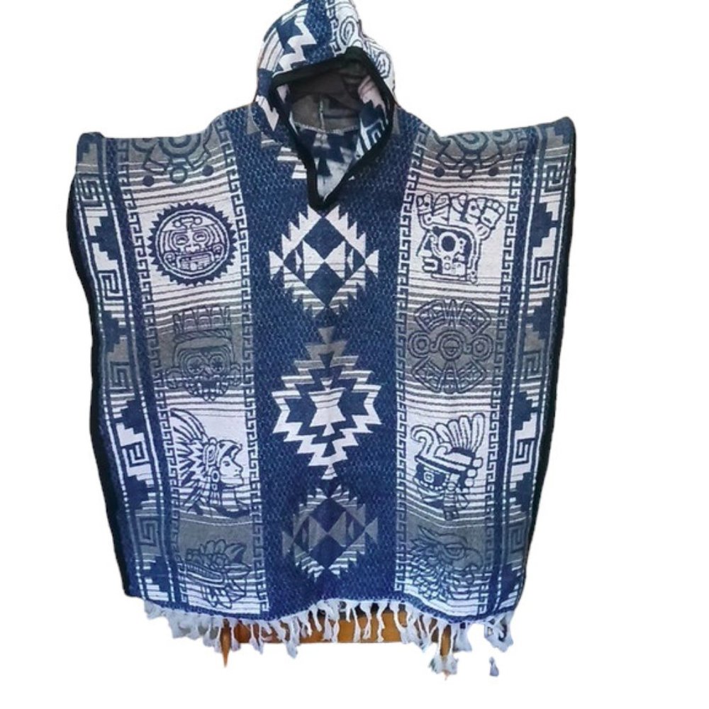 Authentic Mexican Gaban | Jorongo | Pancho | Aztec Design | Blue Color